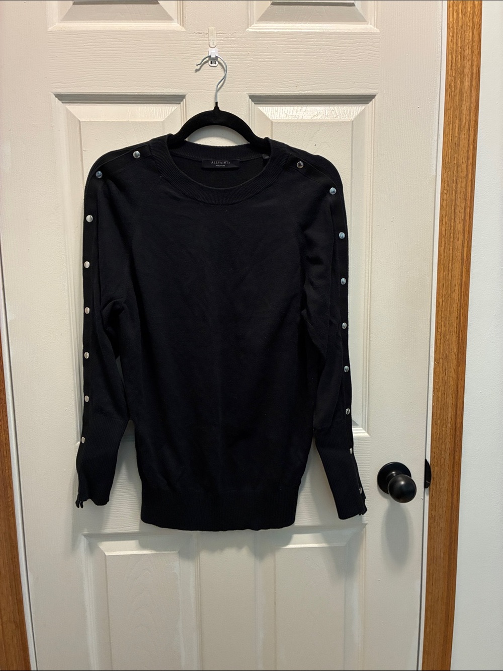 All Saints Black Button-Trim Crew Neck Sweater